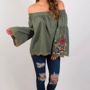 Umgee army green off the shoulder blouse with embroidered sleeves Size Medium